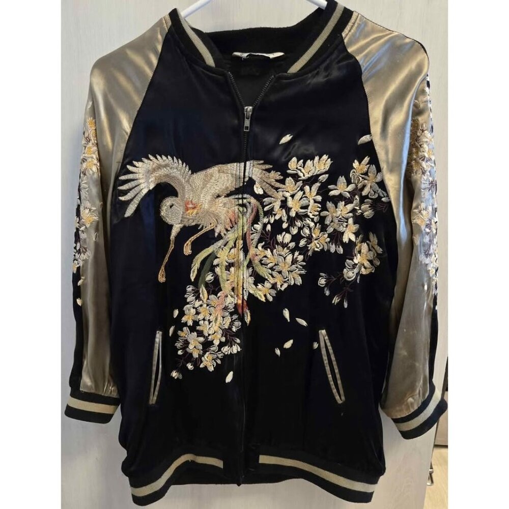 Indigo Rein Embroidered Satin Bomber Jacket Coat - Small/Medium - Spring